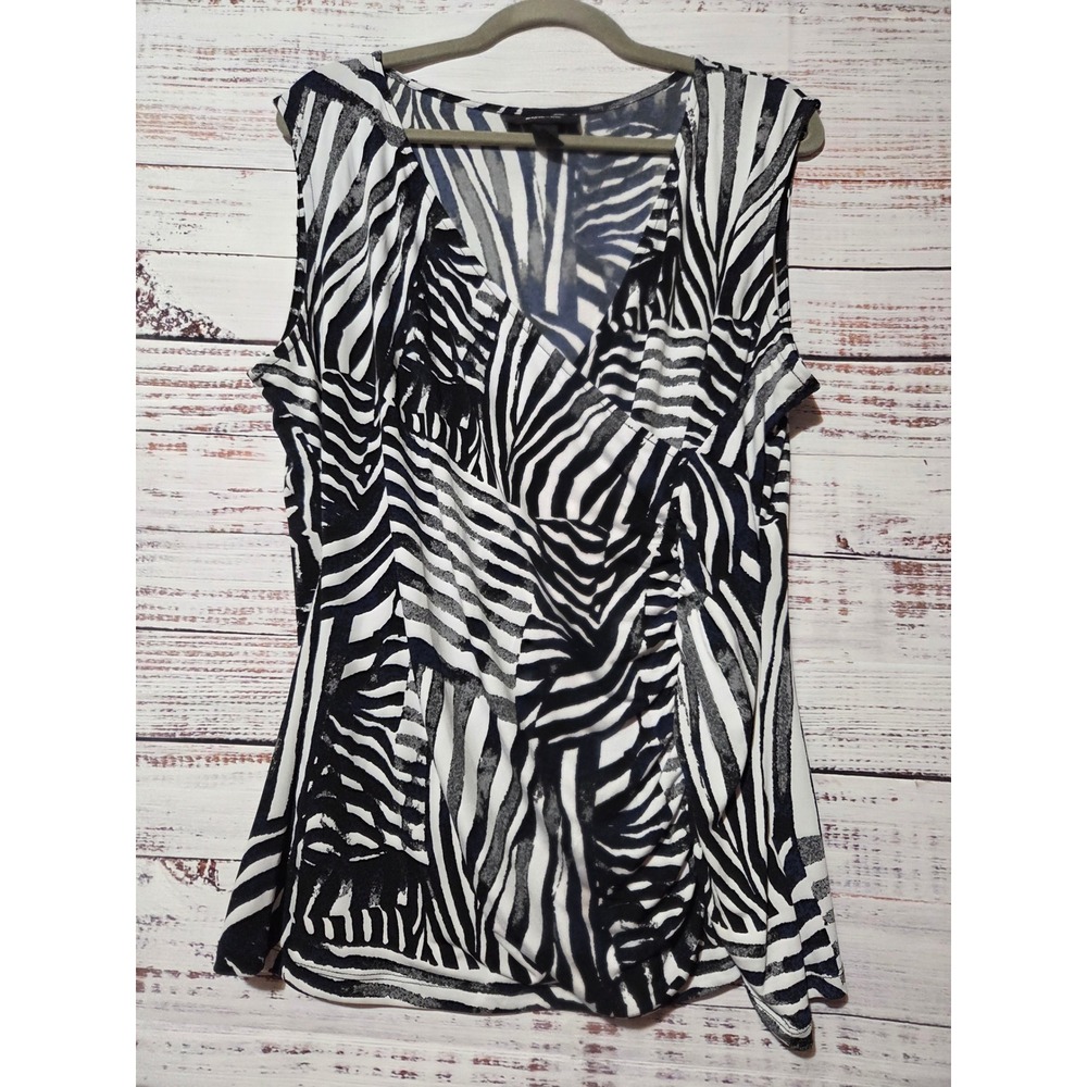 Style & Co Womens Large Zebra Print Sleeveless Faux Wrap Ruched Top Navy White